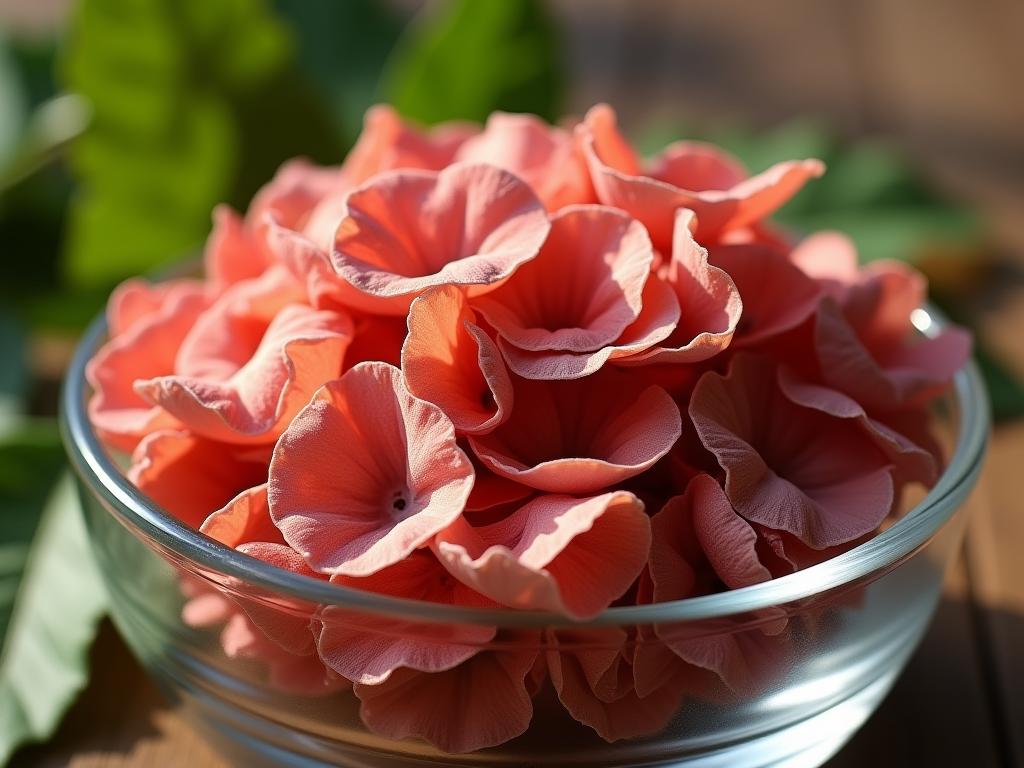 Close-up of dried Galilean roses petals in a glass bowl, surrounded by green leaves and natural light. A warm, inviting, and natural aesthetic.