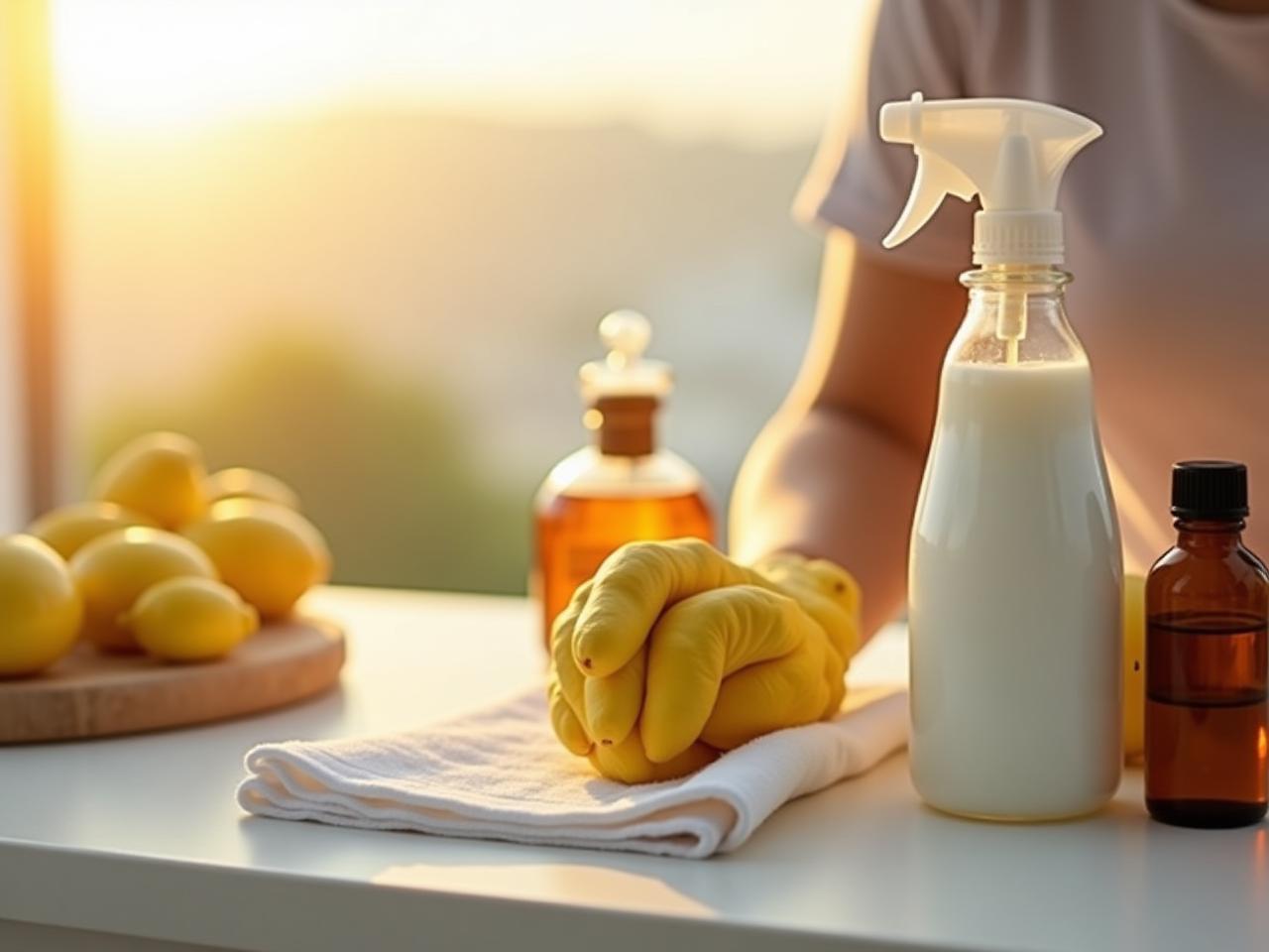 A woman cleaning her home with natural ingredients like lemon, baking soda, and essential oils, with a backdrop of a sunny Israeli landscape.