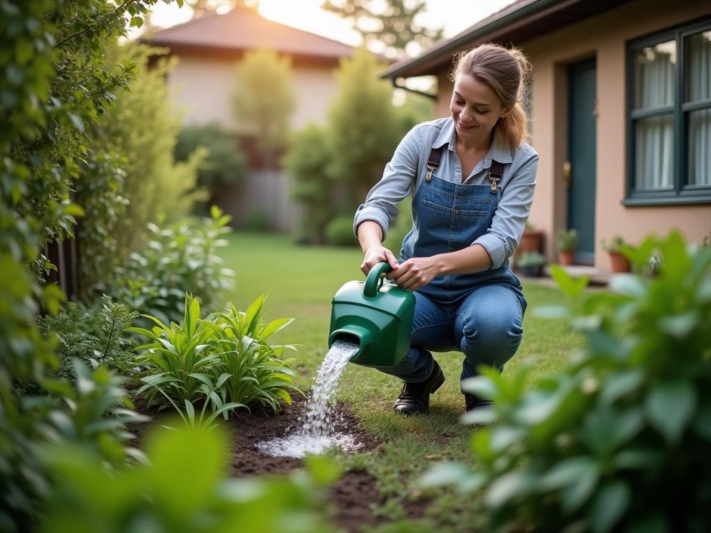 A woman watering her garden with recycled water, surrounded by lush green plants and a sustainable home environment.