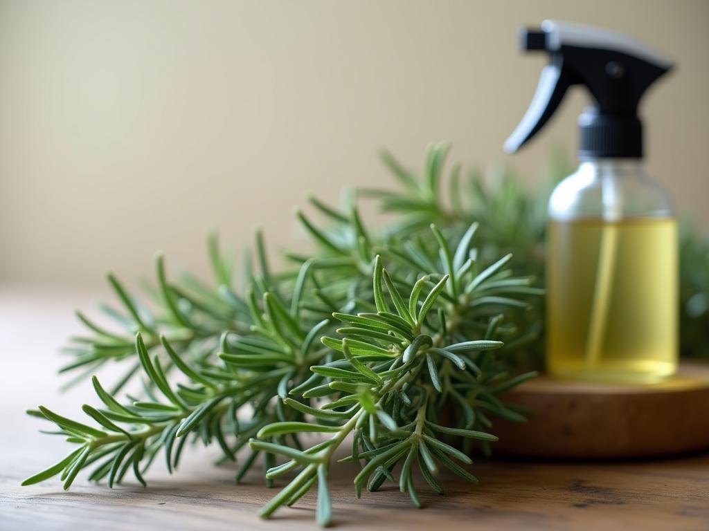 Close-up of fresh rosemary sprigs with a homemade rosemary spray bottle in the background, evoking a natural and clean aesthetic.