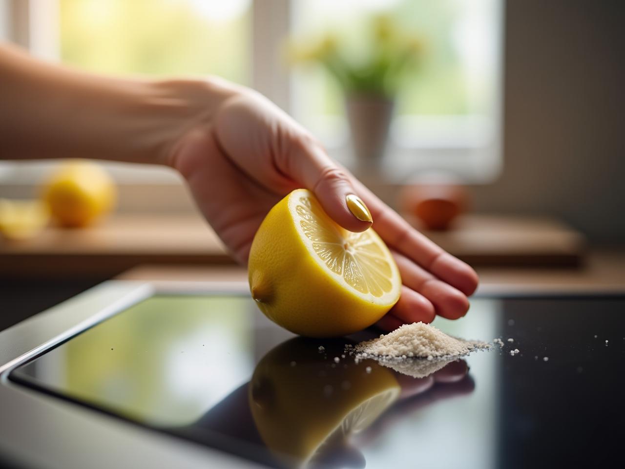A woman cleaning an induction cooktop with lemon and salt. The image shows natural light, a lemon cut in half, coarse salt, and a clean cooktop reflecting light.