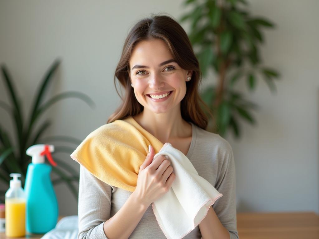 A woman smiling holding a cleaning cloth made from recycled clothes, with cleaning supplies and a plant in the background.