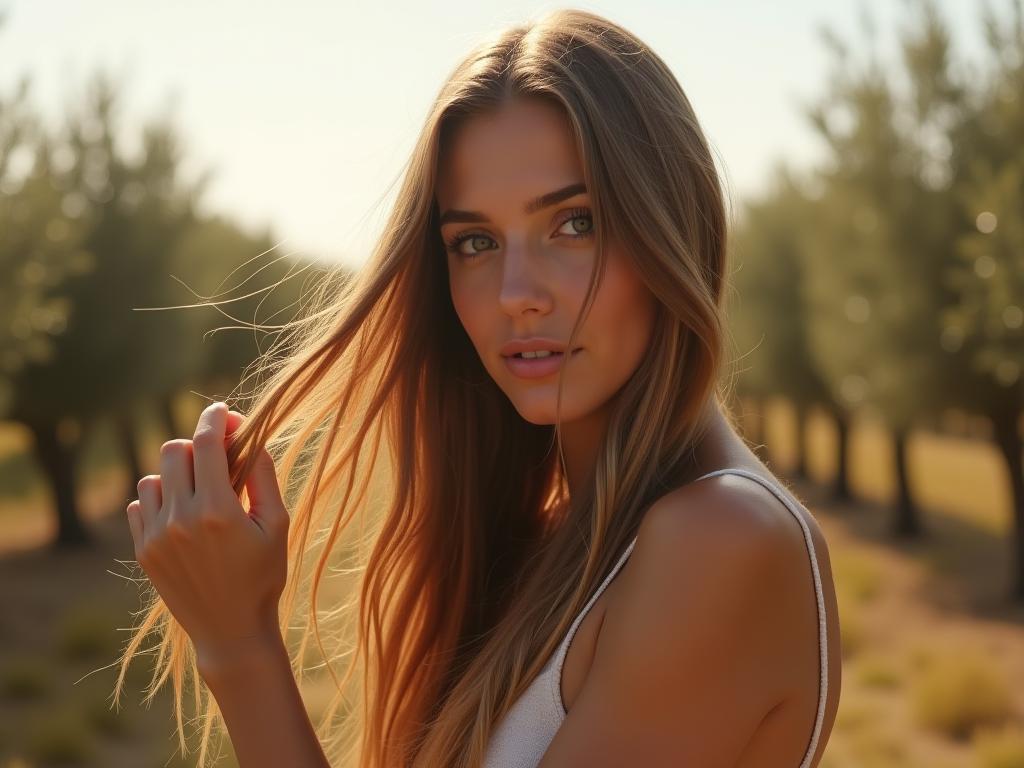 Noa Lavi holding her healthy, shiny hair in a field of olive trees.