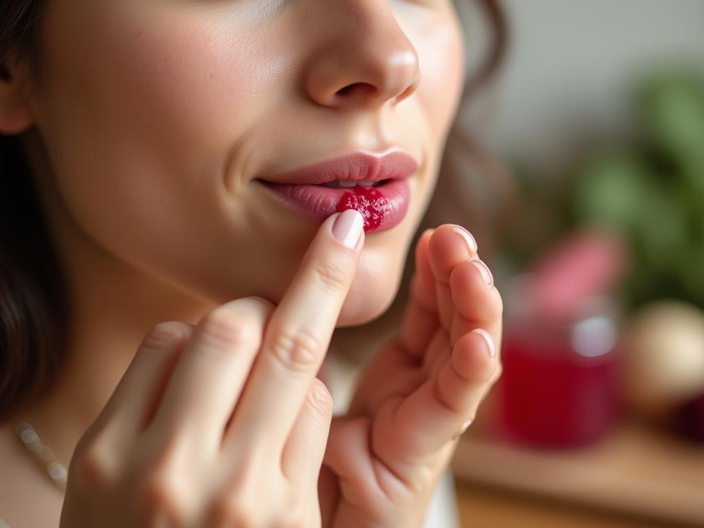 Close-up of a woman applying homemade beetroot and honey lip balm, with fresh ingredients and natural landscapes in the background.