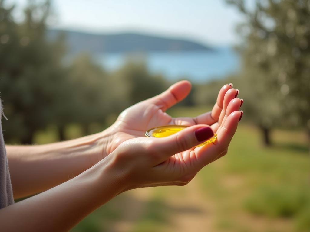 Close-up of a womans hands applying natural olive oil and coconut oil mixture to her nails, with a blurred background of an olive grove and the Mediterranean Sea.