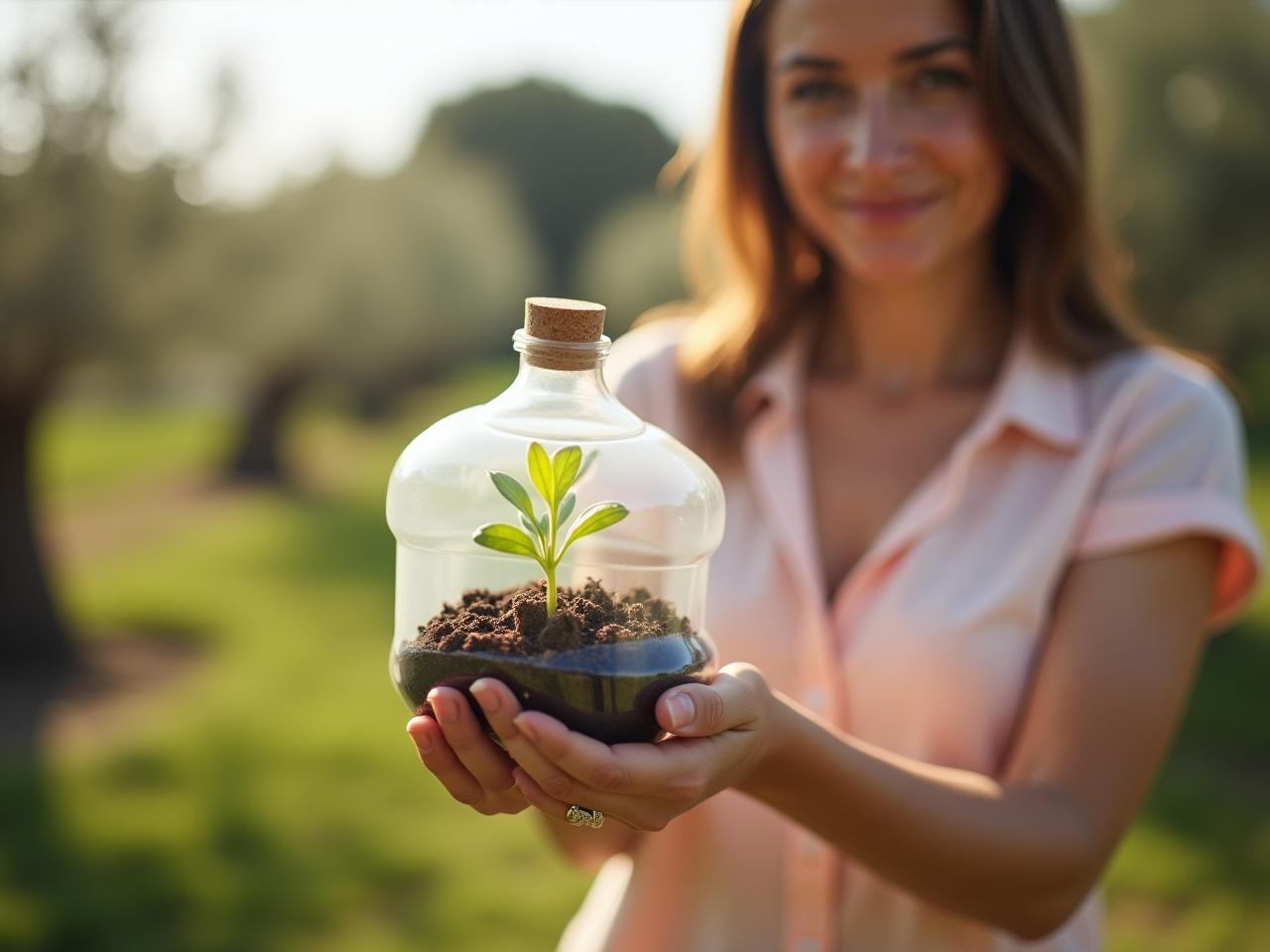 A woman holding a mini greenhouse made from a recycled plastic bottle, with small seedlings growing inside. The background shows a sunny garden with olive trees.