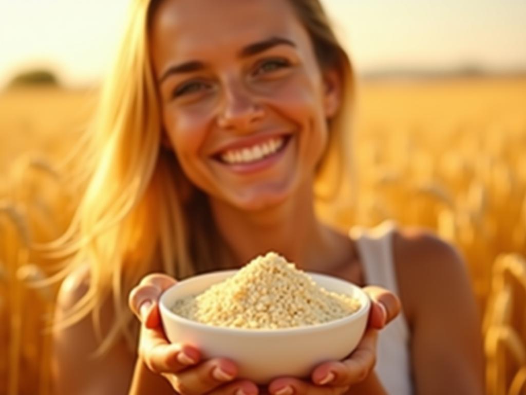 A close-up shot of Noa Lavi holding a small bowl of rice powder, with a backdrop of golden wheat fields in the Galilee region of Israel.  Sunlight gently illuminates her smiling face, emphasizing the natural radiance of her skin.