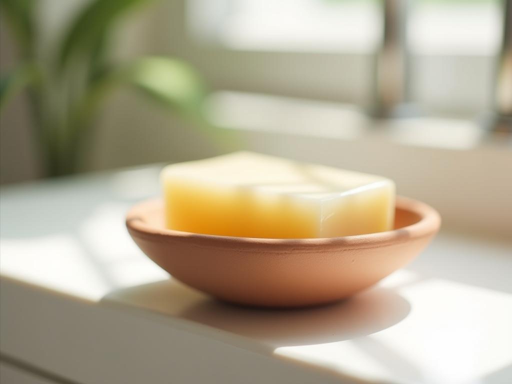 A close-up shot of a handmade clay soap dish with a natural olive oil soap on top, placed in a bright and airy bathroom.