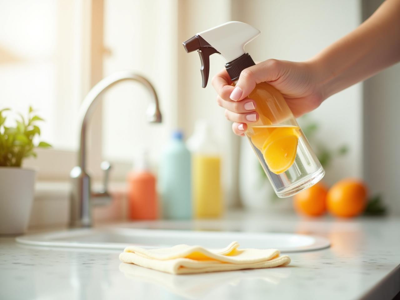 A person using a spray bottle filled with citrus peel infused cleaner to clean a kitchen countertop. The background shows a bright and airy kitchen with various cleaning supplies.