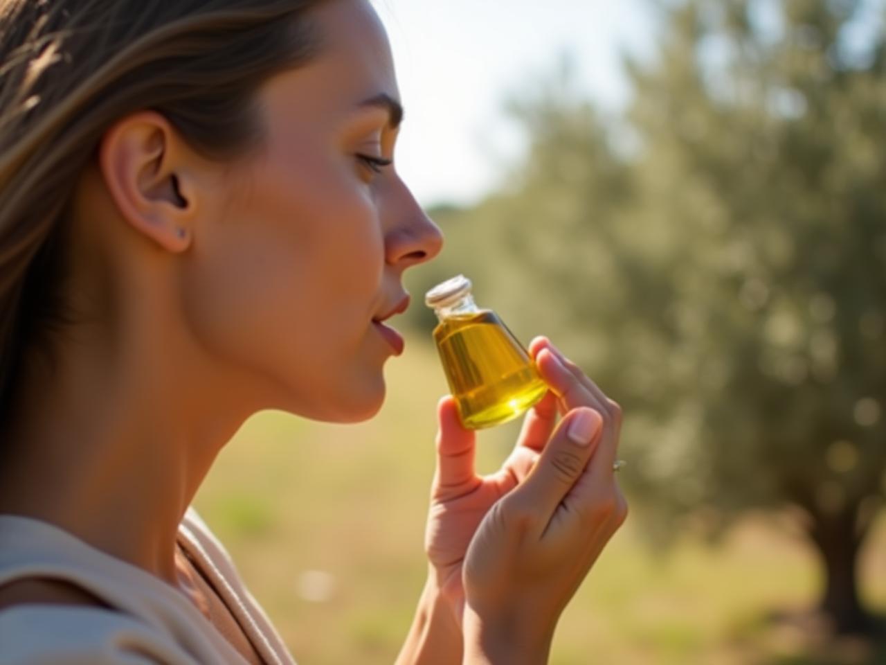 A close-up of a woman applying olive oil to her face, with a backdrop of an olive grove in the Galilee.