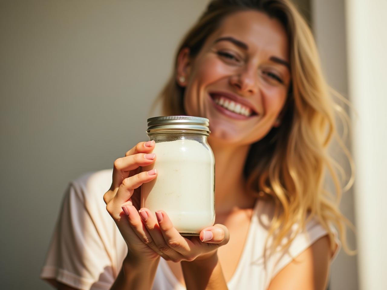 A woman smiling and holding a jar of homemade laundry powder with natural ingredients like olive oil soap, baking soda, and essential oils. Sunlight is shining on the jar, highlighting its natural colors.