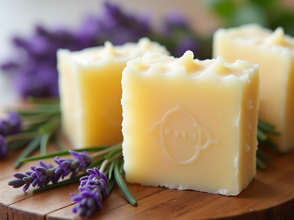 Close-up of handcrafted natural mini soaps with lavender and olive oil, displayed on a wooden surface with sprigs of fresh herbs. The image evokes a sense of homemade warmth and natural beauty.
