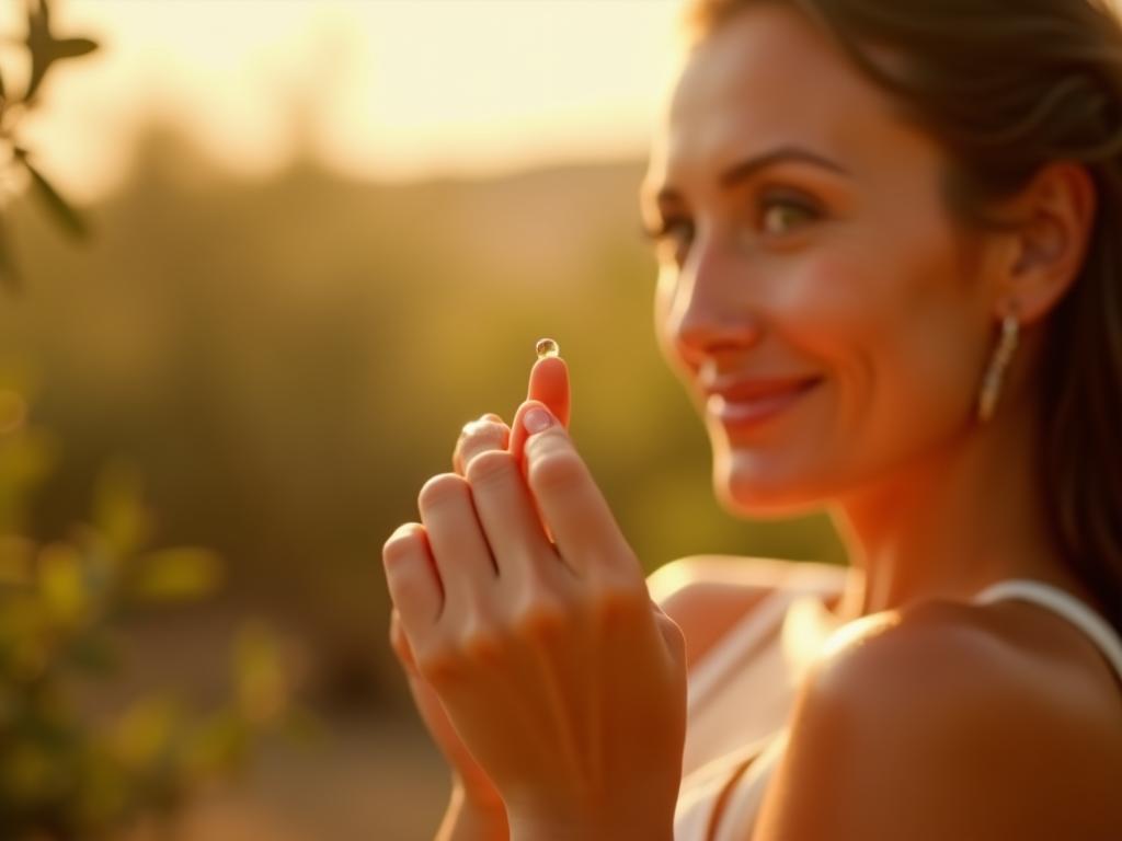 A close-up photo of a womans glowing skin, with a drop of olive oil on her finger. In the background, an olive grove in Israel.