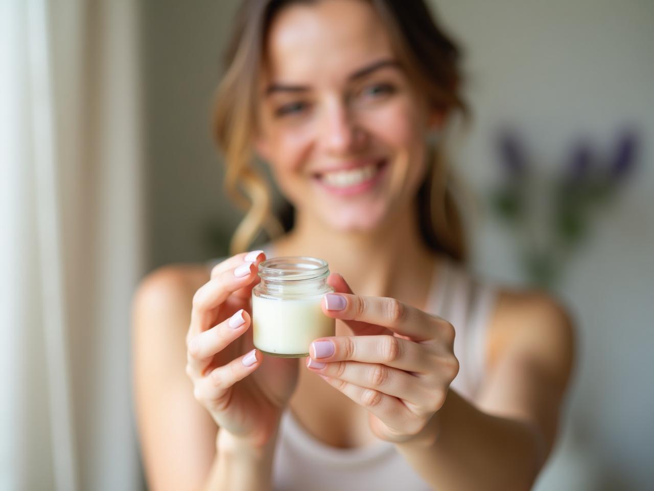 A woman smiling holding a small glass jar with homemade natural deodorant, with natural ingredients like coconut oil and lavender flowers in the background.