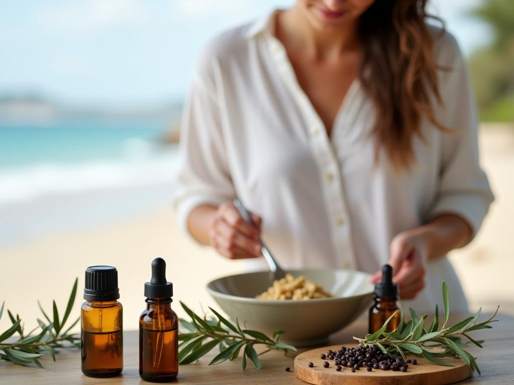 A woman mixing natural ingredients in a bowl, surrounded by olive branches and essential oil bottles, with a blurred beach background.