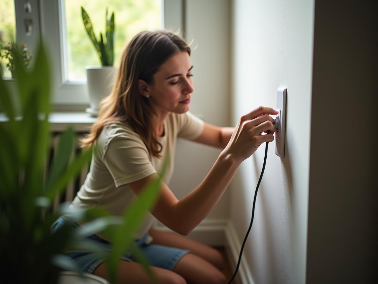 A woman disconnecting a power cord from a wall outlet, surrounded by plants and natural light.