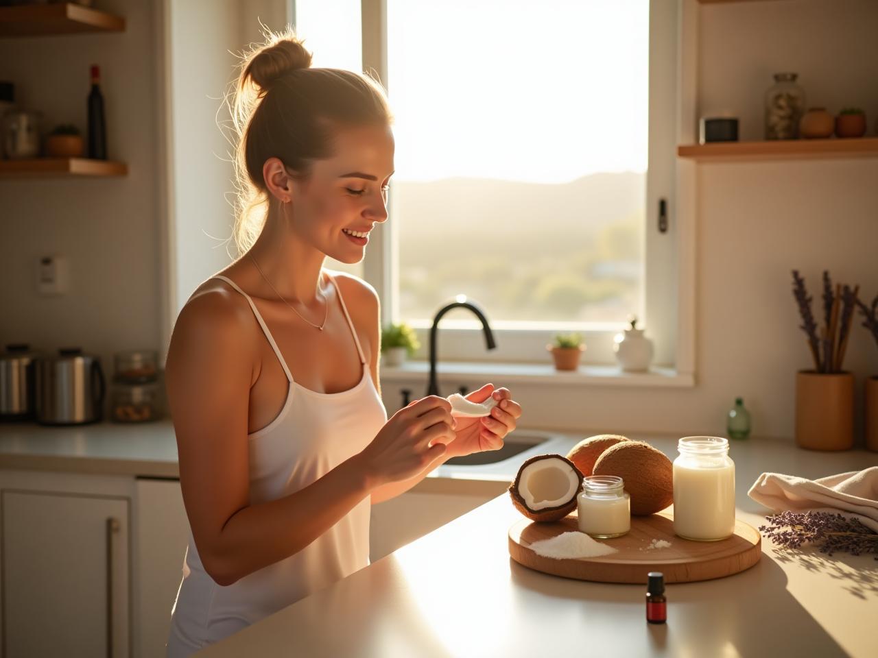 A woman preparing natural deodorant in a sunlit kitchen with ingredients like coconut oil, baking soda, and lavender essential oil, with a view of the Israeli countryside in the background.