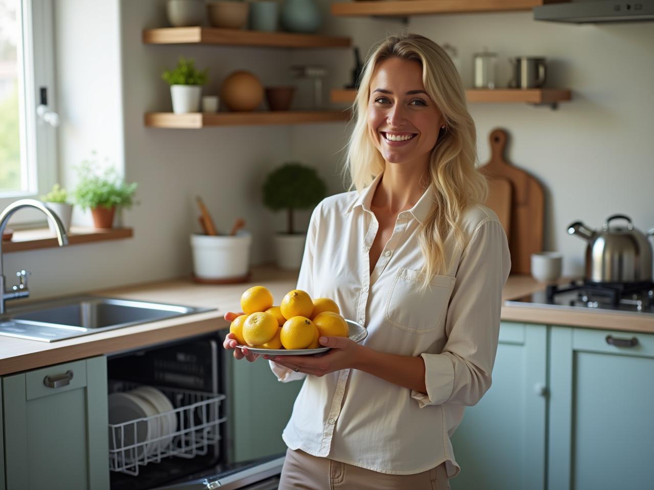 A smiling woman holding lemons next to a sparkling clean dishwasher.