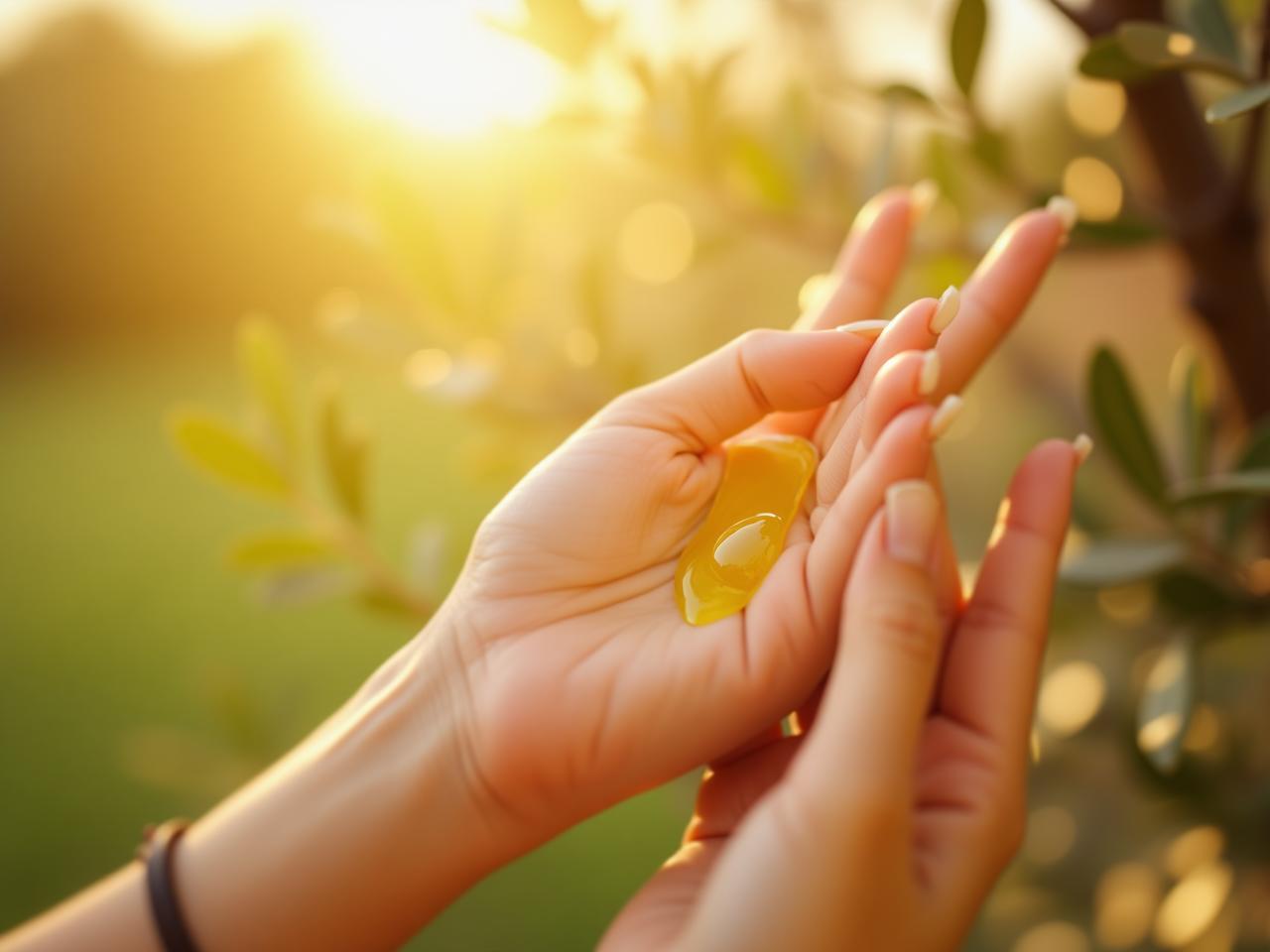 Close-up of a womans hand applying olive oil to her skin, with an olive tree in the background and sunlight shining through the leaves. The image conveys a sense of natural healing and connection to nature.