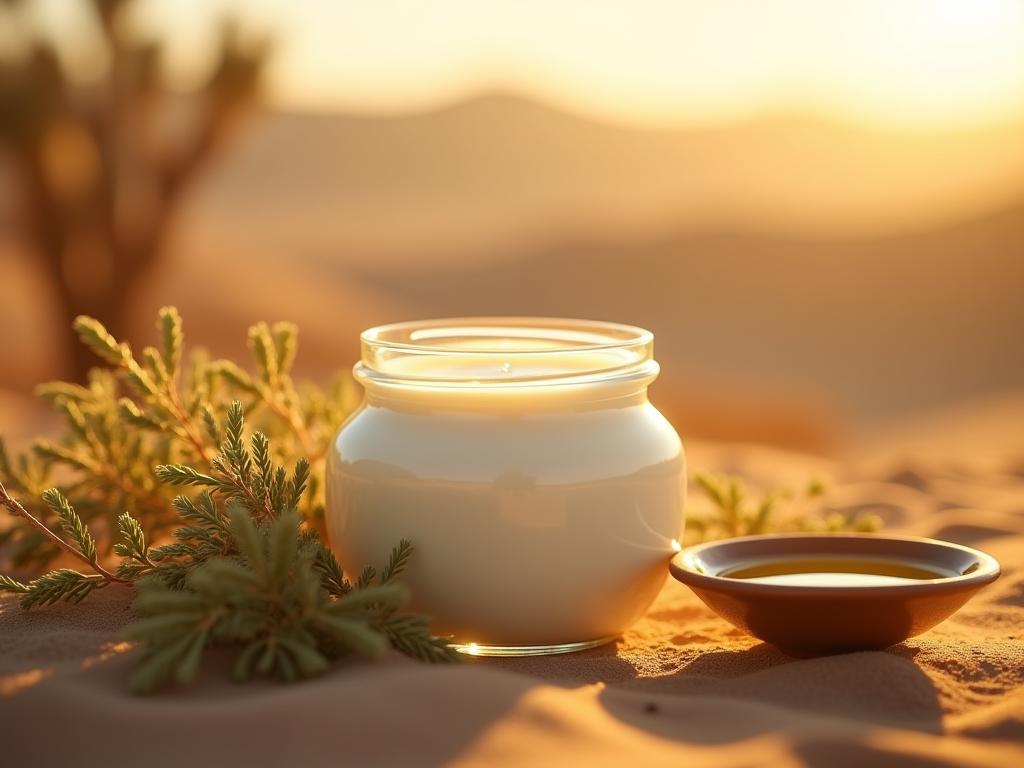 Close-up of a jar of camel milk cream next to desert plants and a small bowl of olive oil, illuminated by warm sunlight. The background features a blurred desert landscape.