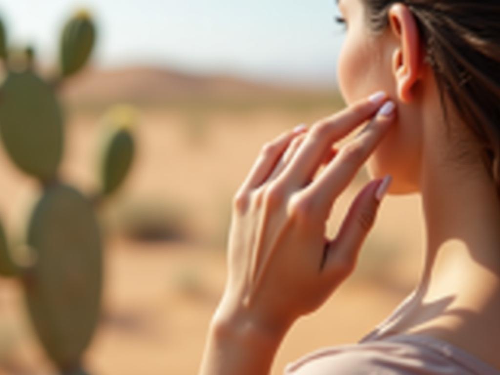 A close-up shot of a hand gently applying clear gel extracted from a prickly pear cactus onto a blemish on a persons face. In the background, theres a blurred view of a desert landscape with sand dunes and prickly pear cactuses.
