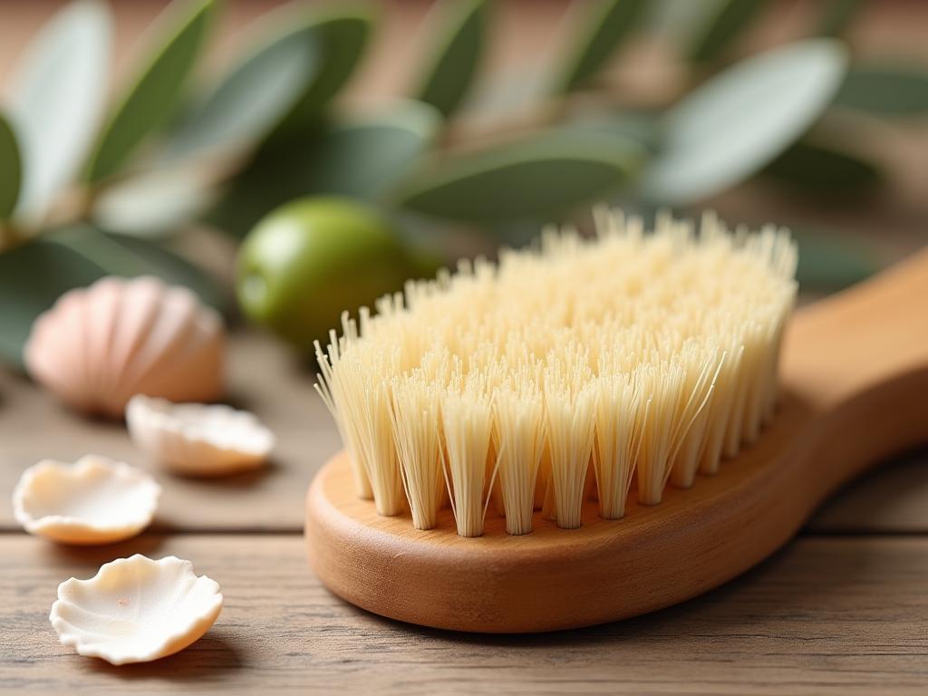 A close-up of a natural fiber cleansing brush on a wooden surface, with olive branches and sea shells in the background, creating a natural and calming atmosphere.