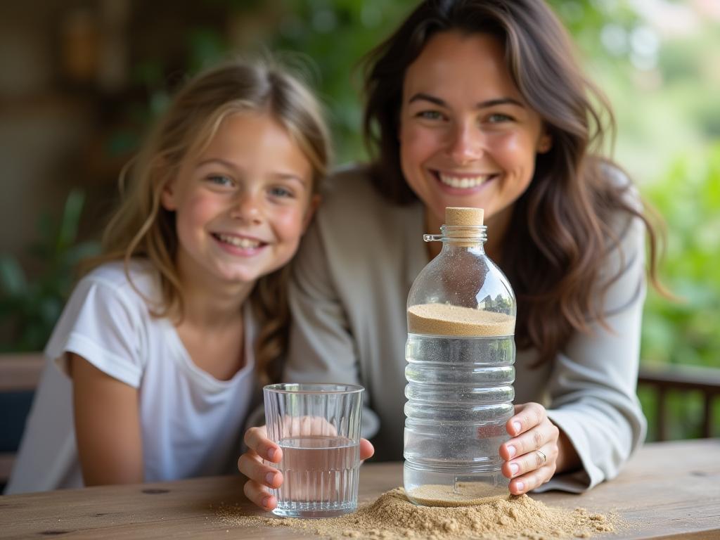A woman smiling and holding a glass of clear water next to a homemade water filter made of a plastic bottle, sand, and rocks.