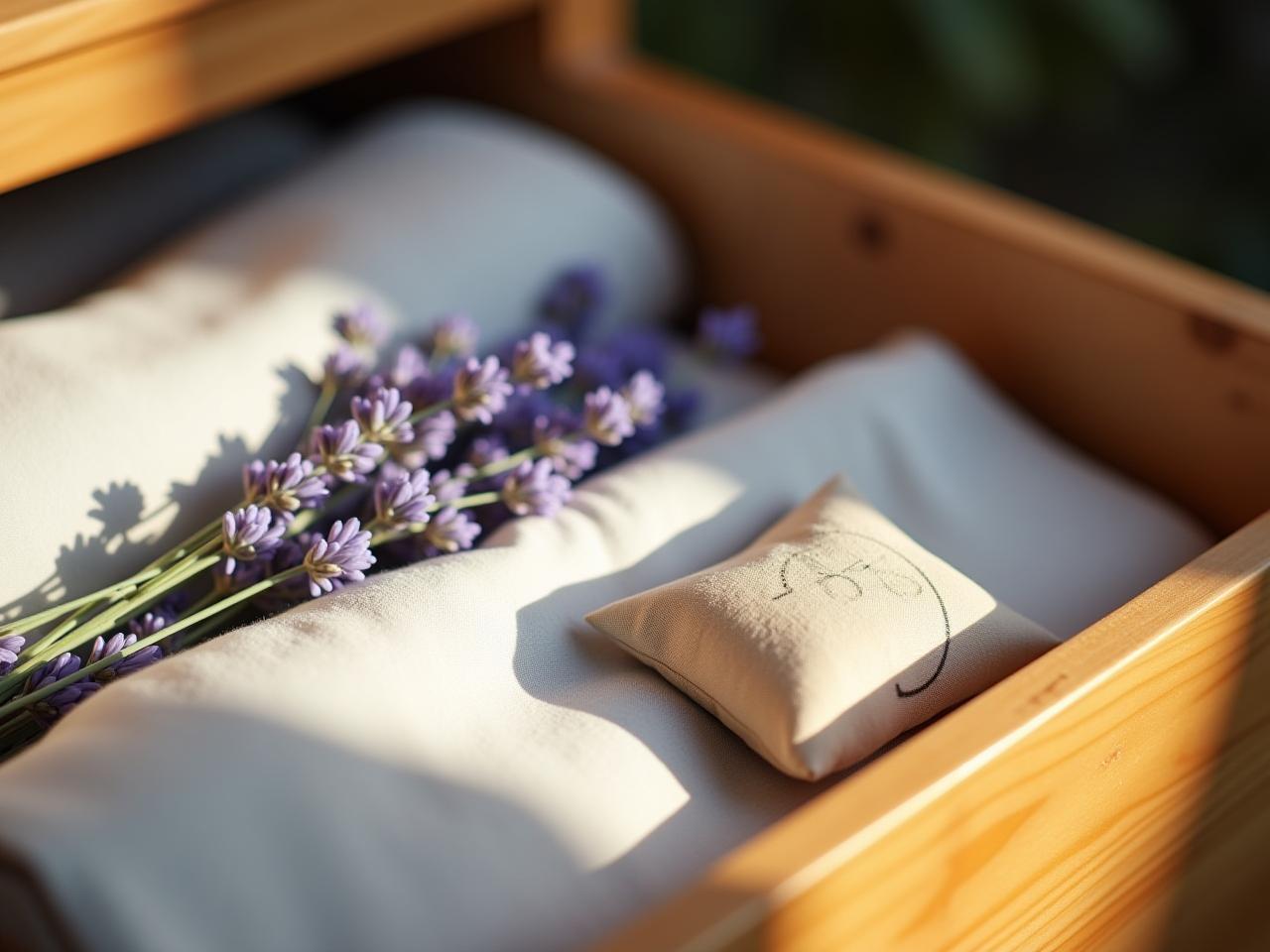 A close-up photo of a small, handmade lavender sachet placed among folded clothes in a wooden drawer, illuminated by soft sunlight. The lavender flowers are a vibrant purple, and the sachet is made of natural fabric, conveying a sense of calm and natural freshness.