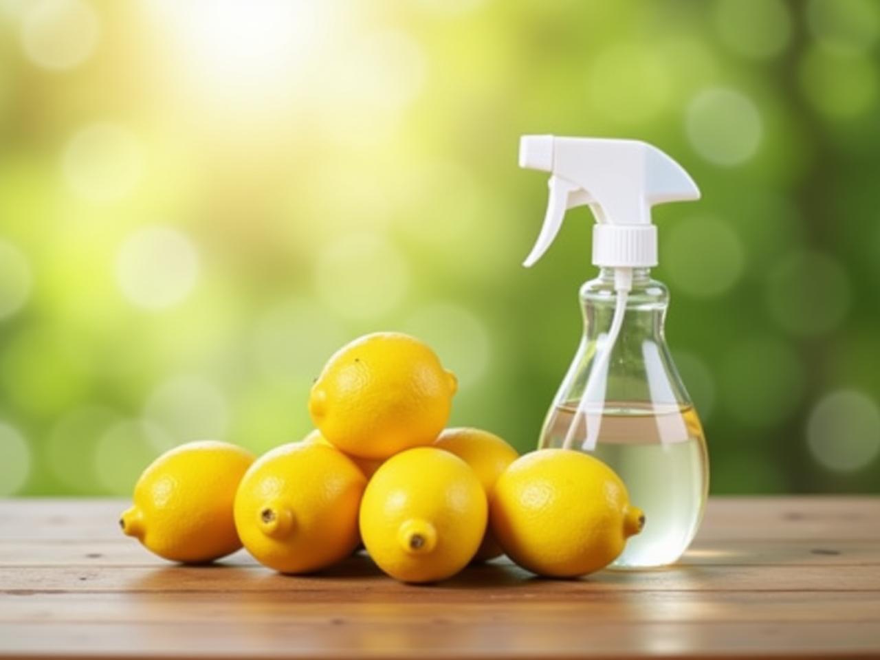 A bright, close-up shot of fresh lemons on a wooden surface with a spray bottle filled with a clear liquid in the background, conveying a natural cleaning solution.