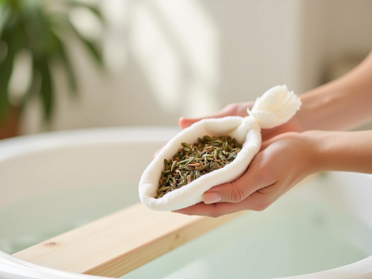 Close-up of a womans hand holding a cotton bag filled with dried herbs, over a bathtub filled with warm water. The background is blurred, showing a serene bathroom setting with natural light.