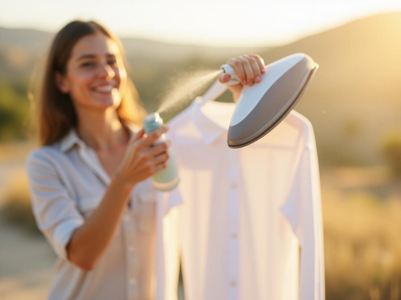 A woman spraying a homemade lavender and vinegar ironing spray on a shirt, with a blurred background of a sunny Israeli landscape.