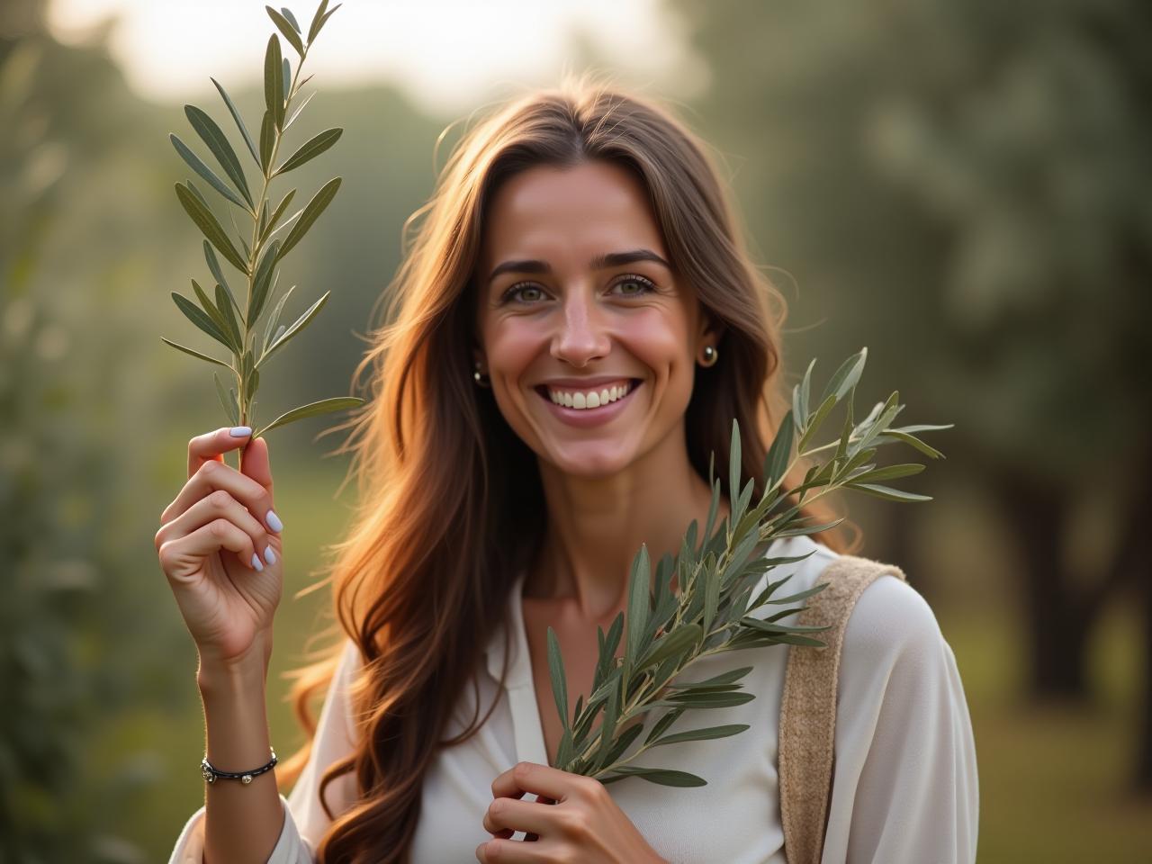 A woman with long, shiny hair stands in a garden, holding a branch of olive tree and smiling.