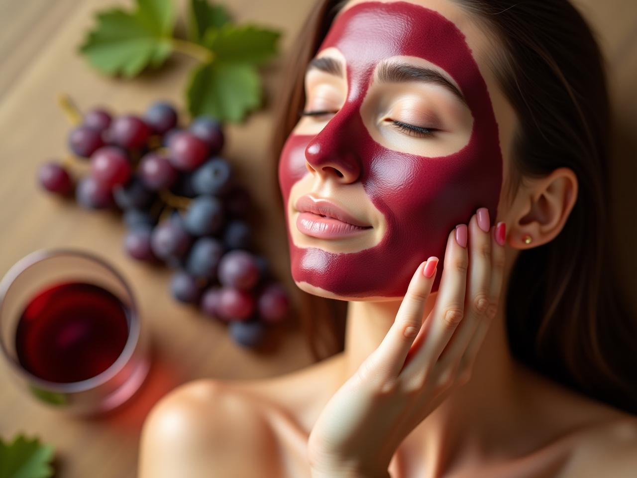 A close-up shot of a womans hand gently applying a red wine mask to her face, with grapes and a glass of red wine in the background. The image has a warm, natural light and emphasizes the connection to nature.