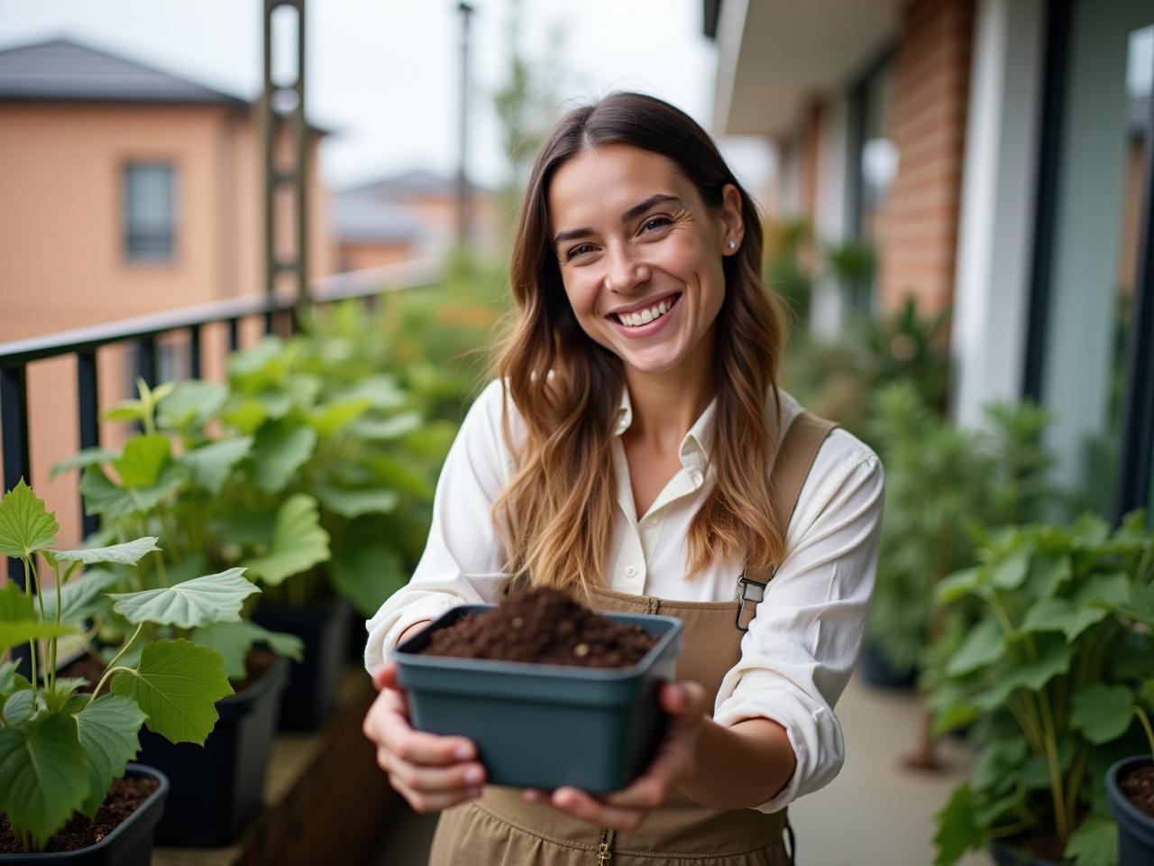 A woman smiling, holding a small container with compost, surrounded by green plants on a balcony in an urban setting.