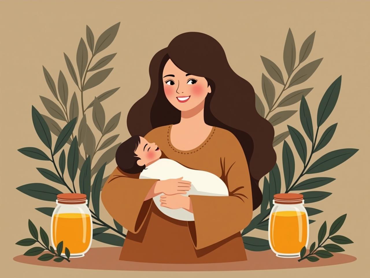 A smiling new mother holding her baby, surrounded by olive branches and jars of honey.