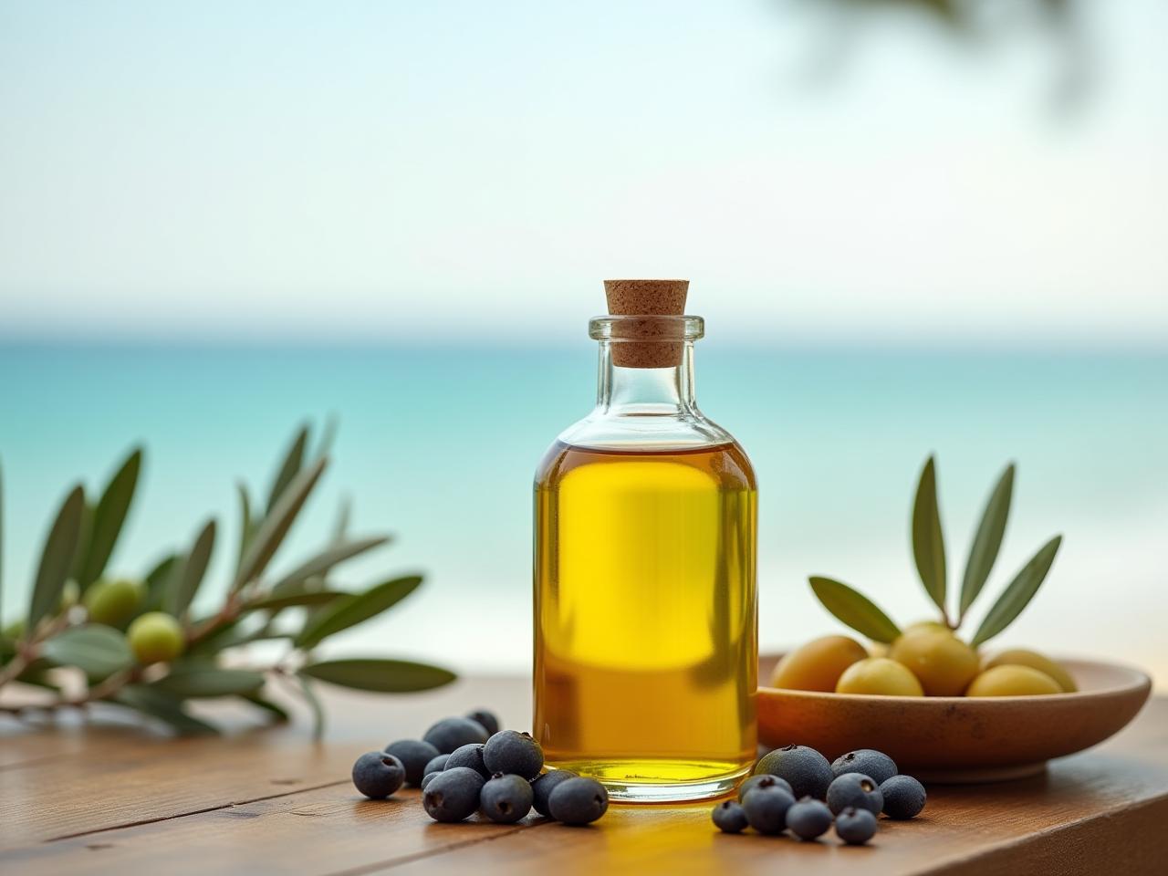 Homemade massage oil with essential oils and natural ingredients, placed on a wooden table with a background of olive branches and sea view.