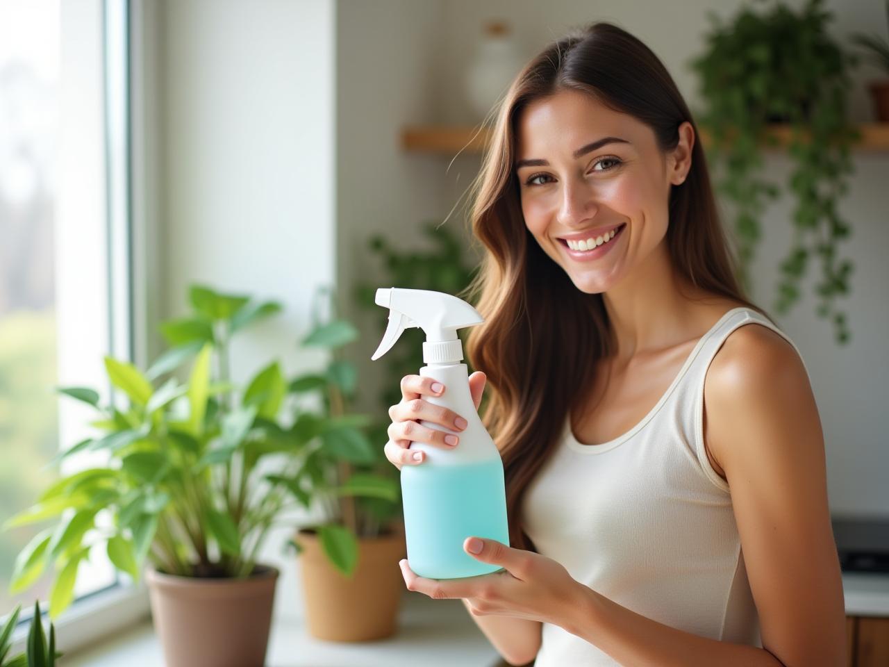 A woman smiling while holding a spray bottle with natural cleaning ingredients, with a background of a bright and clean home filled with plants.