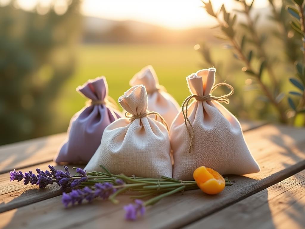 A close-up shot of handmade fabric sachets filled with dried lavender, rosemary, and citrus peels, placed on a wooden table with a background of olive branches and sunlit countryside.