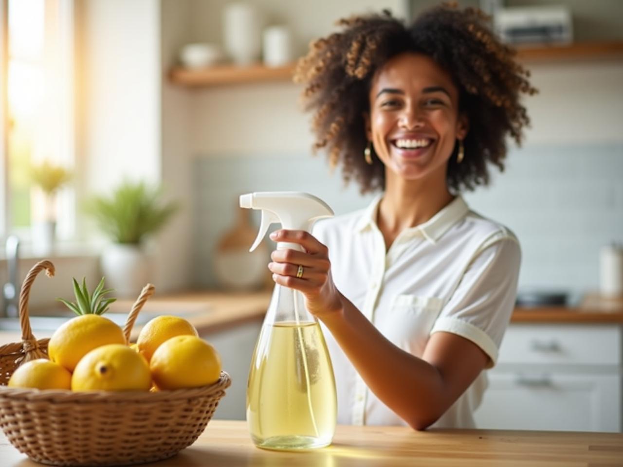 A woman smiling while holding a spray bottle filled with natural cleaning solution next to a basket of lemons, olive oil, and baking soda, with a sunlit kitchen in the background.