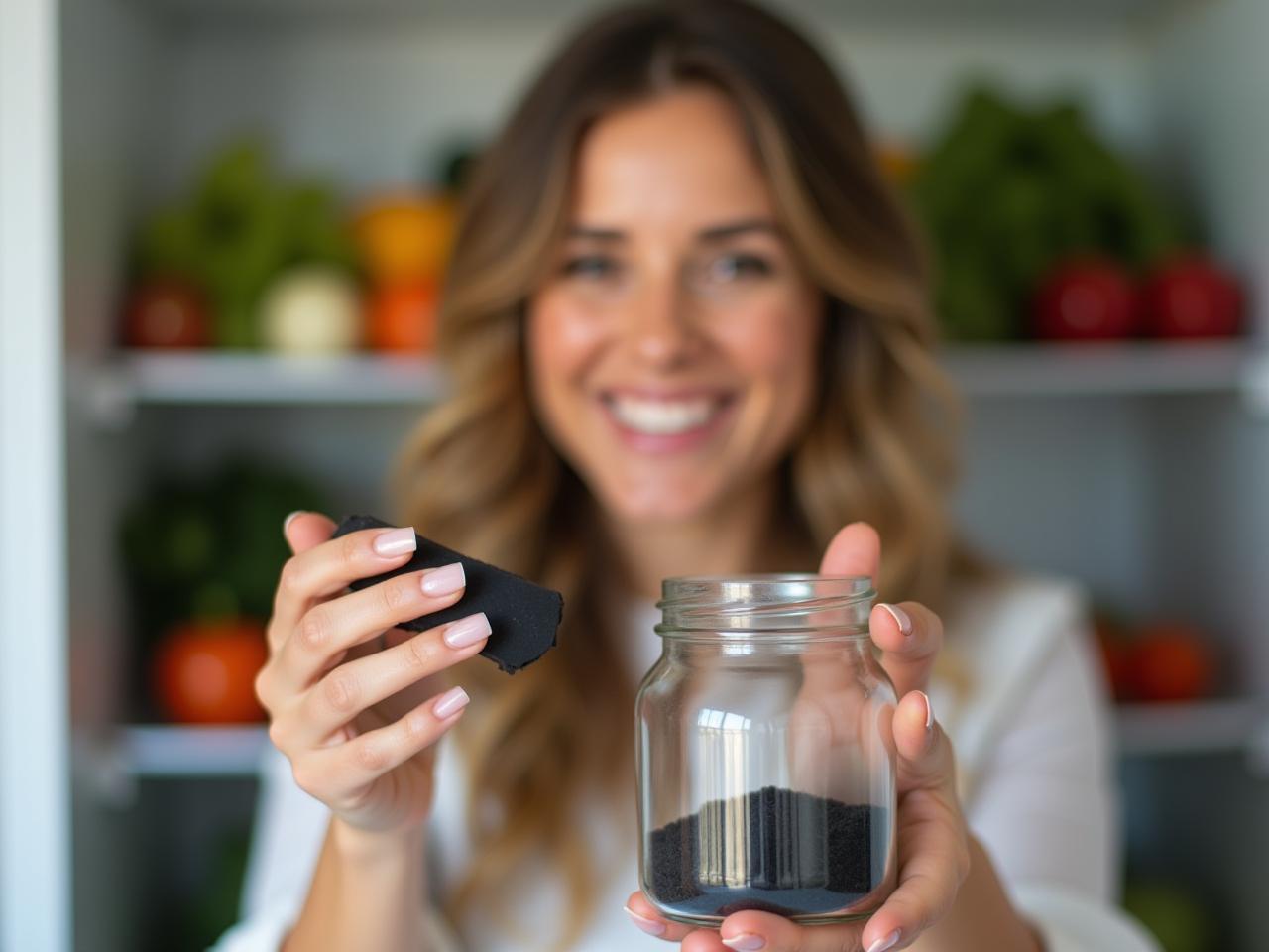 A woman smiling and holding a jar with charcoal inside, with a blurred background of a refrigerator filled with vegetables and fruits.