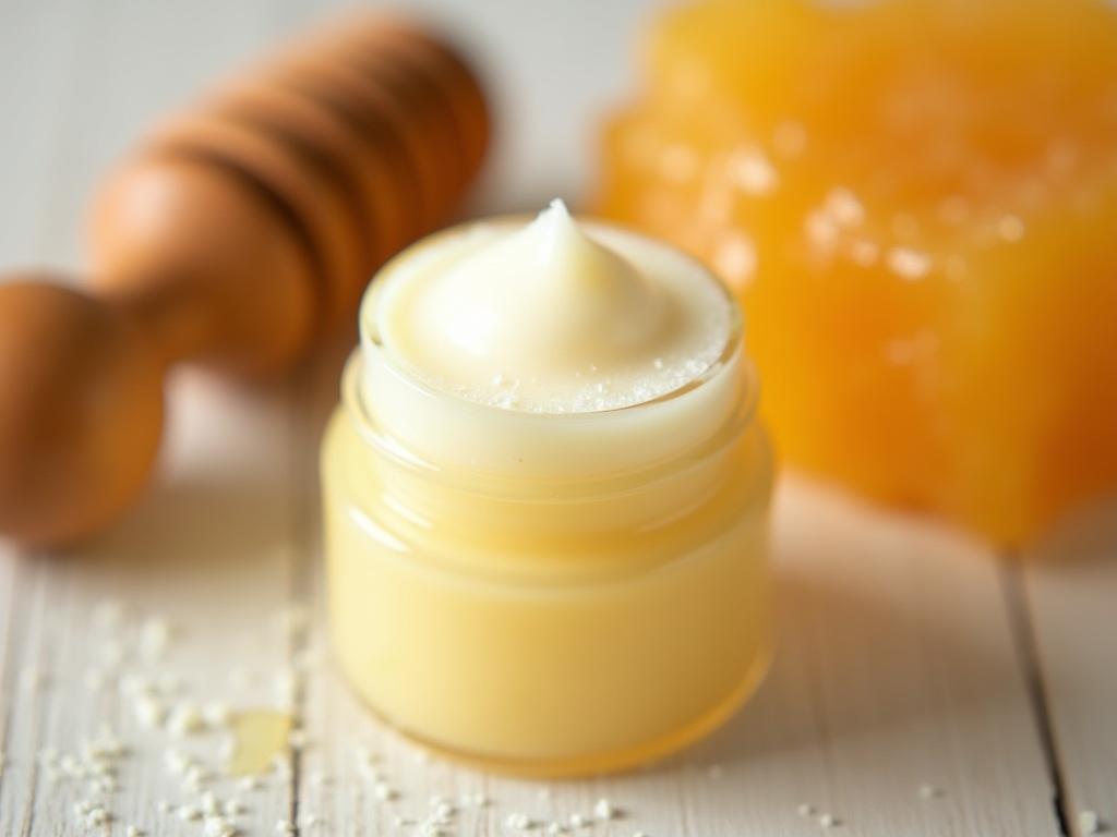 Close up of homemade natural deodorant with coconut oil, baking soda, and essential oils, with a honeycomb and honey dipper in the background.