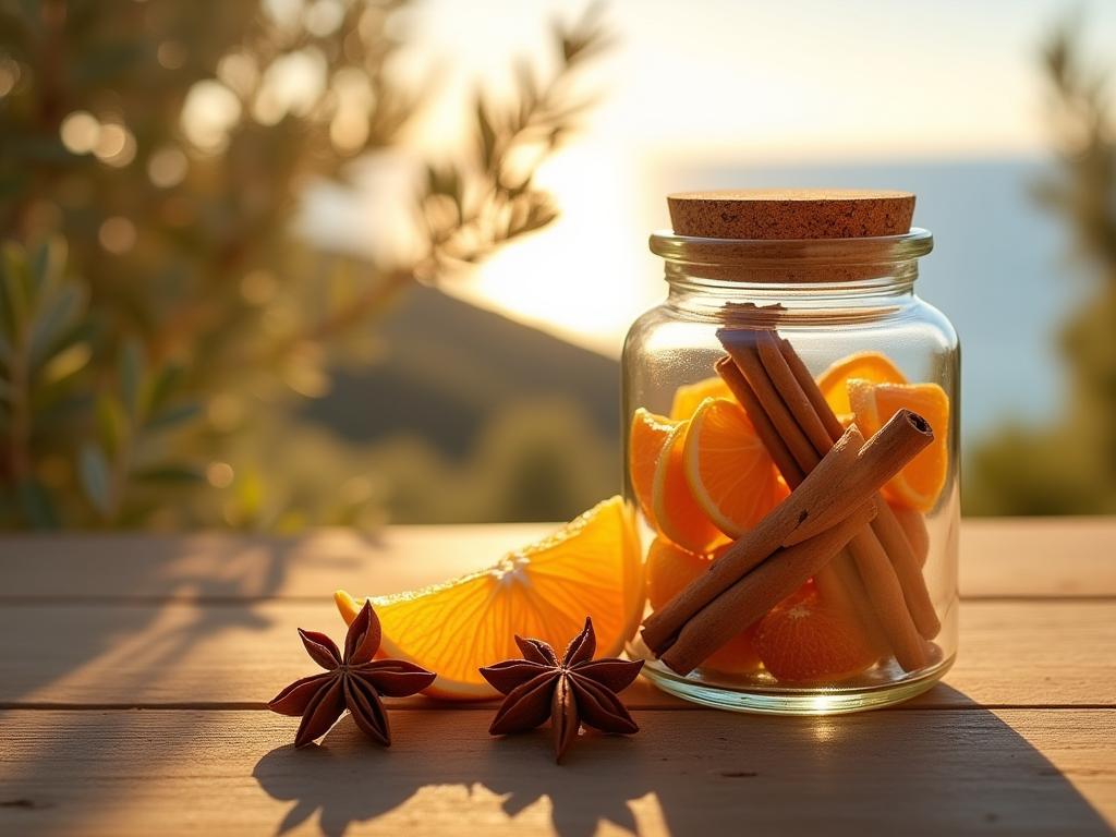 A close-up shot of a glass jar filled with dried orange peels, cinnamon sticks, and star anise, illuminated by warm sunlight. The jar is placed on a wooden table with a blurred background of olive trees and a glimpse of the Mediterranean Sea.
