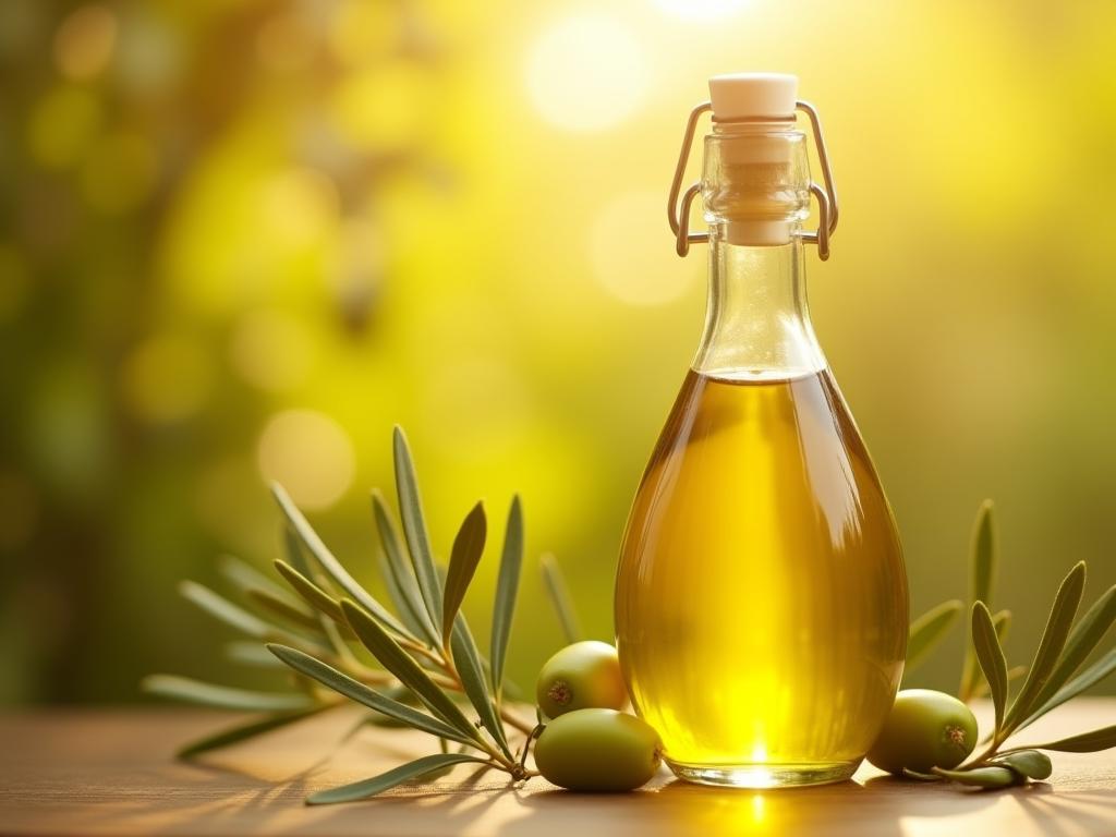 A close-up of a bottle of organic olive oil with olive branches and sunlight in the background, creating a natural and healthy atmosphere.