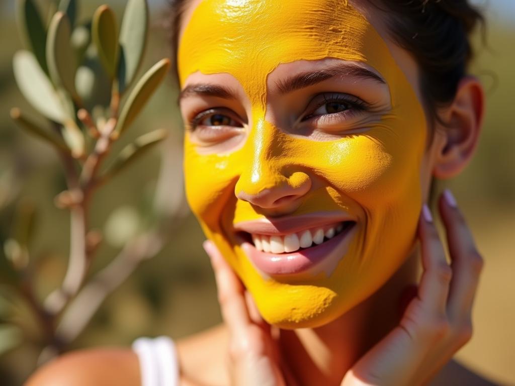 A close-up shot of a woman applying a homemade turmeric mask to her face, with natural light and a background featuring olive trees.