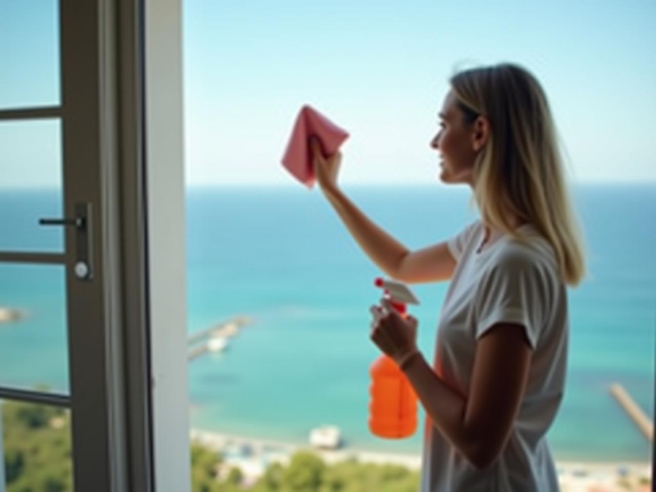 A woman cleaning a window with a spray bottle and a microfiber cloth. The background shows a beautiful view of the Israeli coast.
