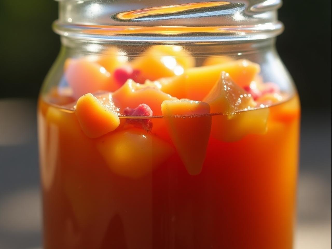A close-up shot of fermented fruit scraps in a glass jar, with sunlight streaming through, highlighting the natural colors and textures.