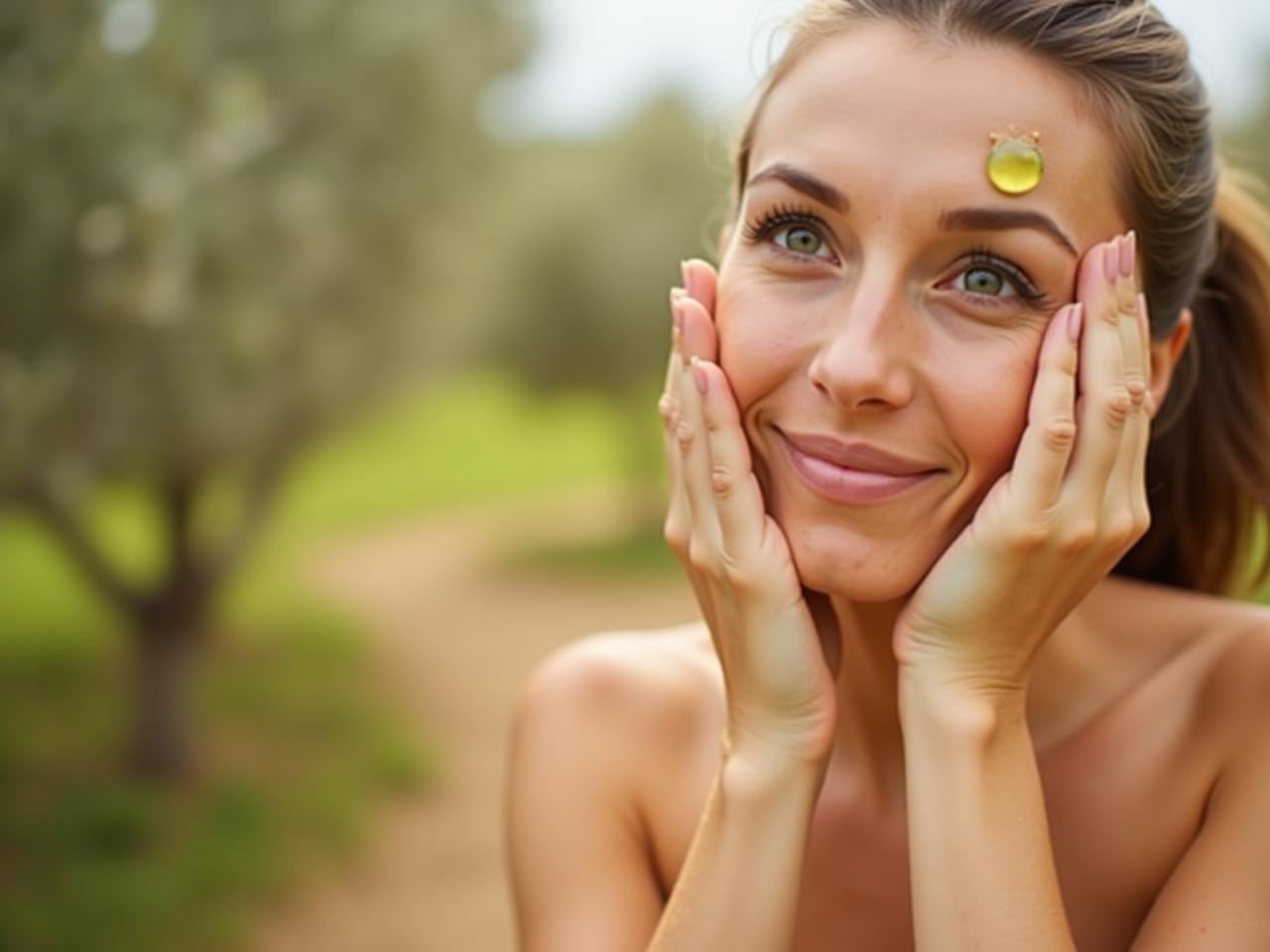 Close up of a womans hands applying olive oil to her face, with a blurred background of an olive grove.