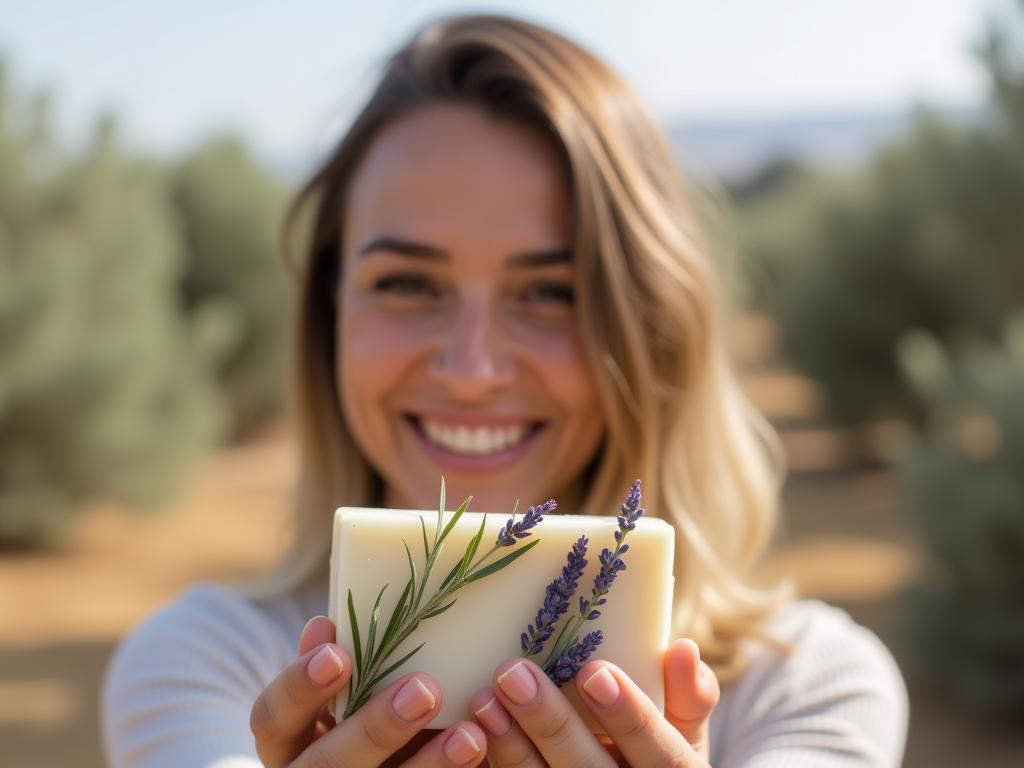 A woman smiling and holding a homemade solid shampoo bar with rosemary and lavender sprigs, with a background of olive trees in the Galilee.