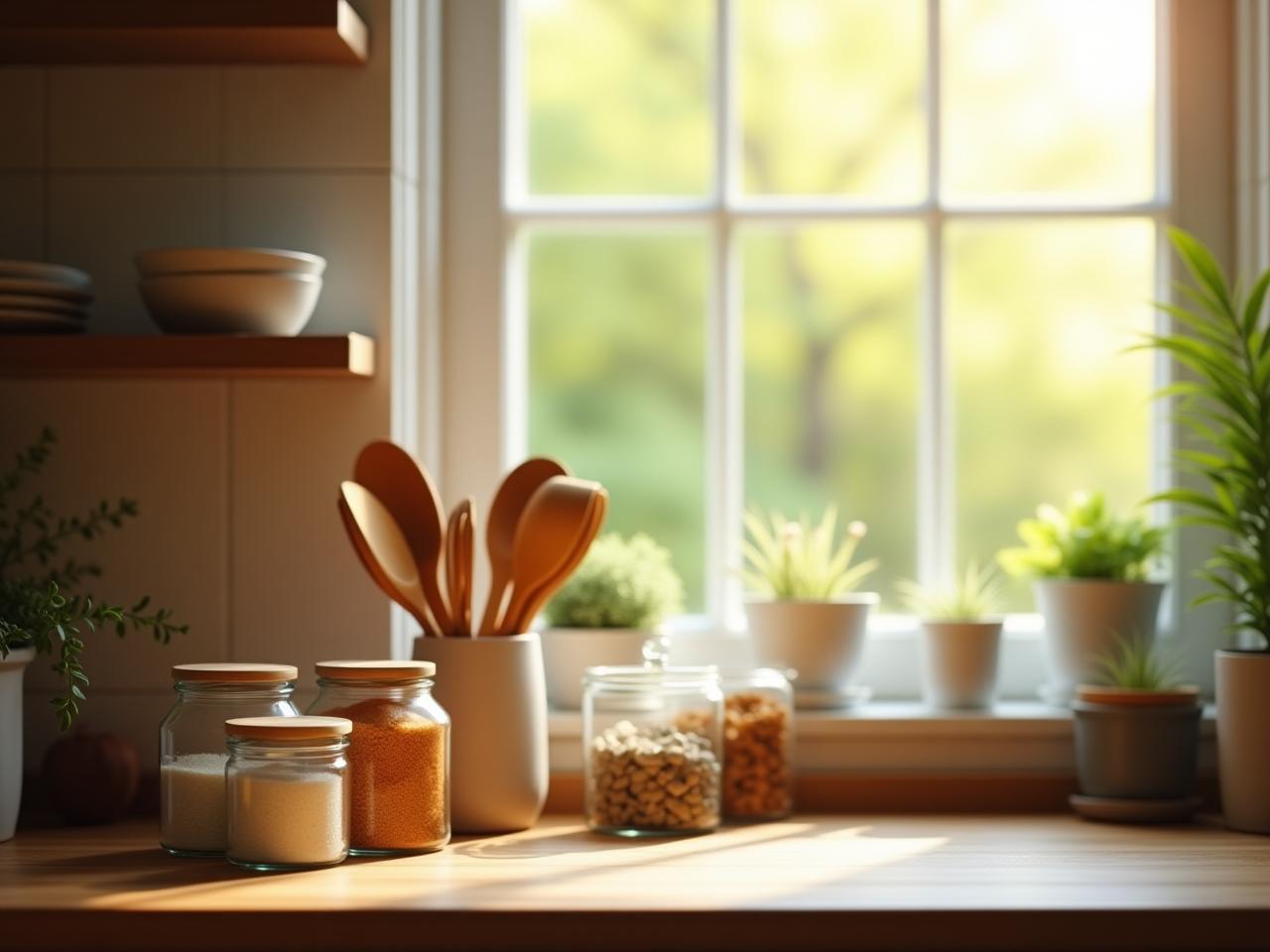 A warm and inviting kitchen scene with natural elements: wooden utensils, glass jars filled with ingredients, and a bright, sunny window overlooking a garden.