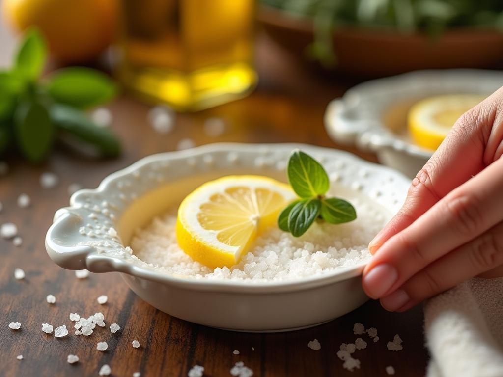 Close-up shot of sparkling clean serving dishes with lemon slices and salt grains scattered around them, illuminated by natural sunlight. A womans hand gently polishes a dish with half a lemon. The background features a rustic kitchen setting with olive oil and fresh herbs.